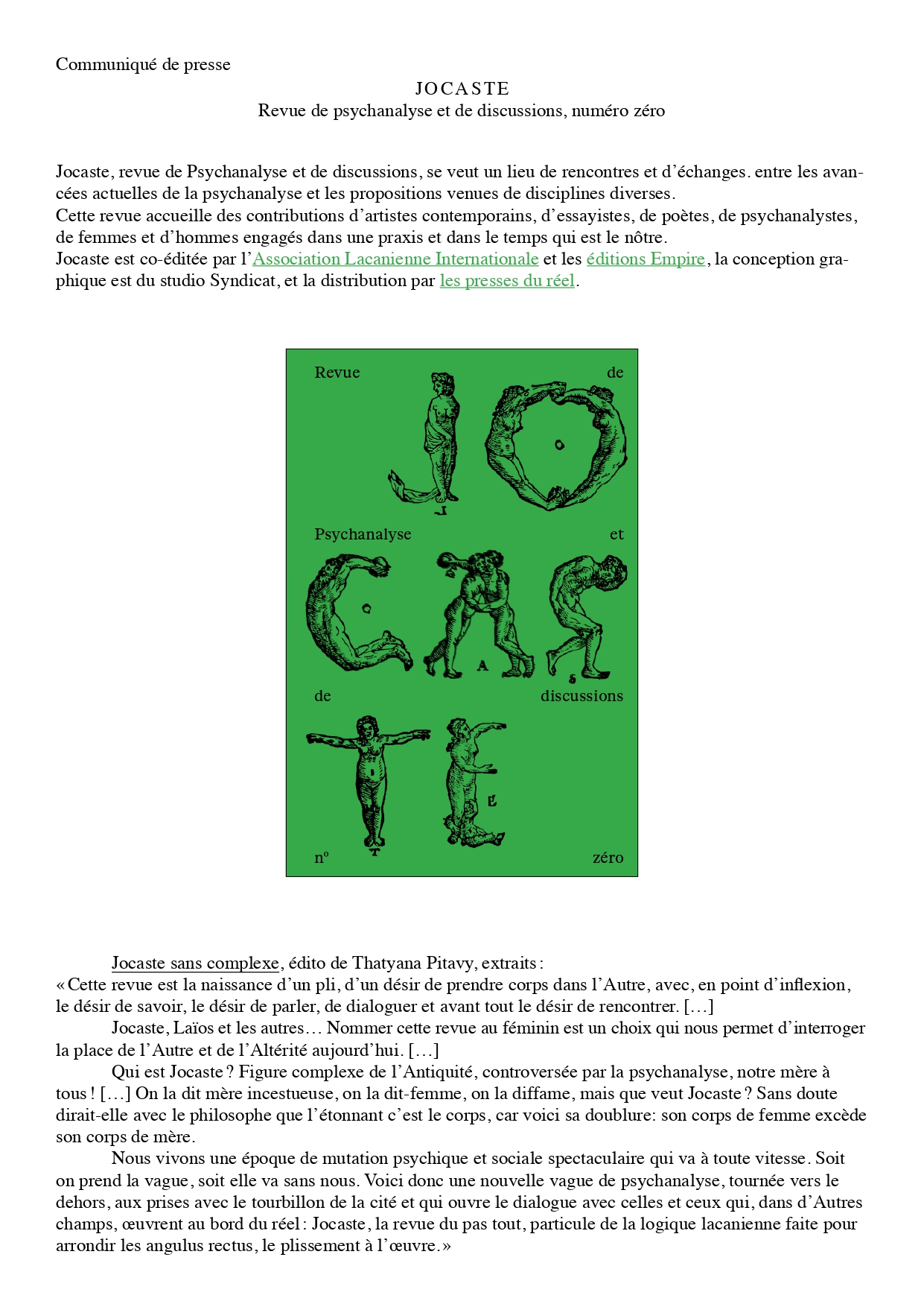 , Communiqué de presse JOCASTE (Revue de psychanalyse et de discussions, numéro zéro), Valérie Batteux