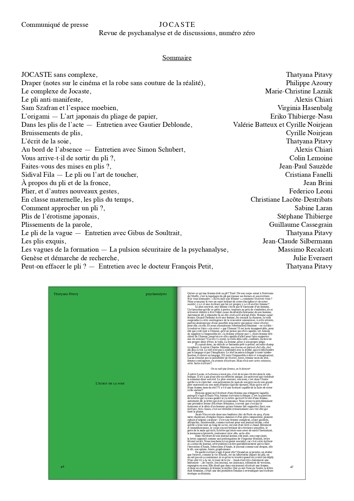, Communiqué de presse JOCASTE (Revue de psychanalyse et de discussions, numéro zéro), Valérie Batteux