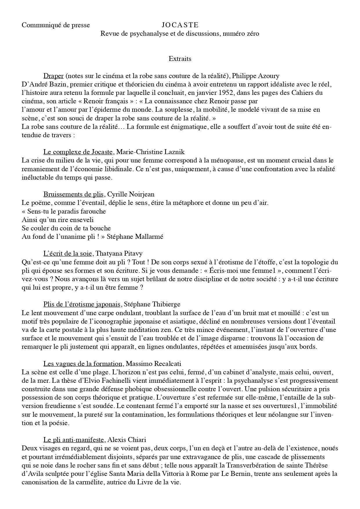 , Communiqué de presse JOCASTE (Revue de psychanalyse et de discussions, numéro zéro), Valérie Batteux